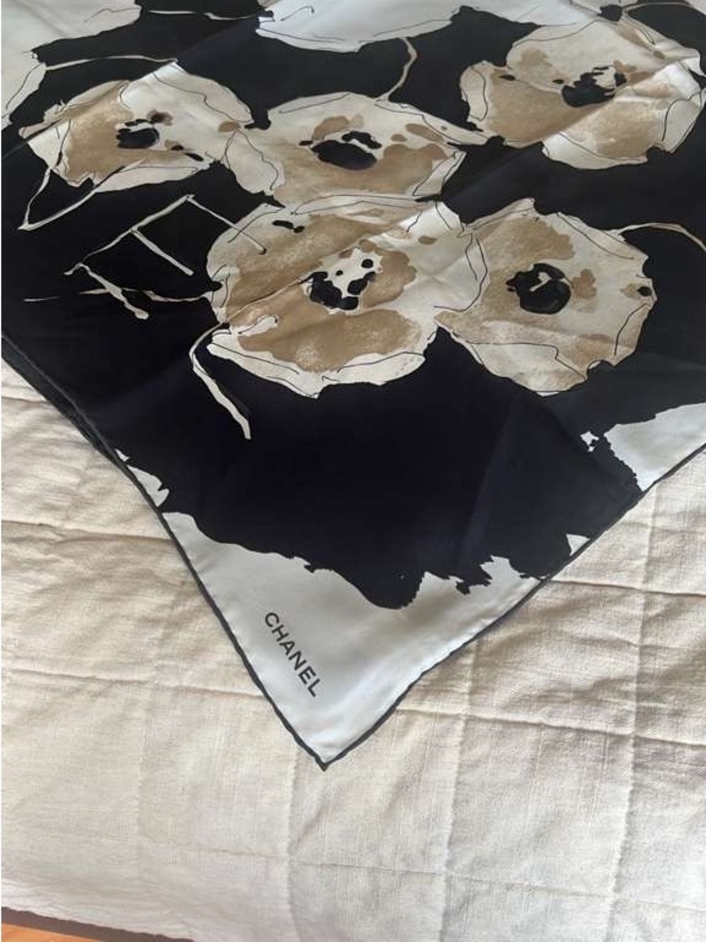 SOLD - CHANEL Black and White Camelias Silk Scarf with Logo Tag